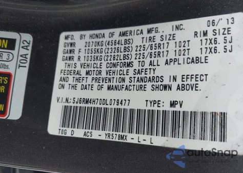 2013 Honda Cr-V Ex-L z USA, uszkodzony, nr VIN 5J6RM4H70DL079477